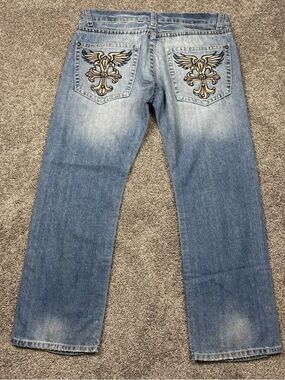 JNCO Jeans Embroidered Studded Cross Wings Straight Leg 36 Y2K VTG Denim